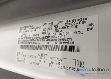 2015 Ford Transit-350 Xlt z USA, uszkodzony, nr VIN 1FBZX2ZM4FKB27775